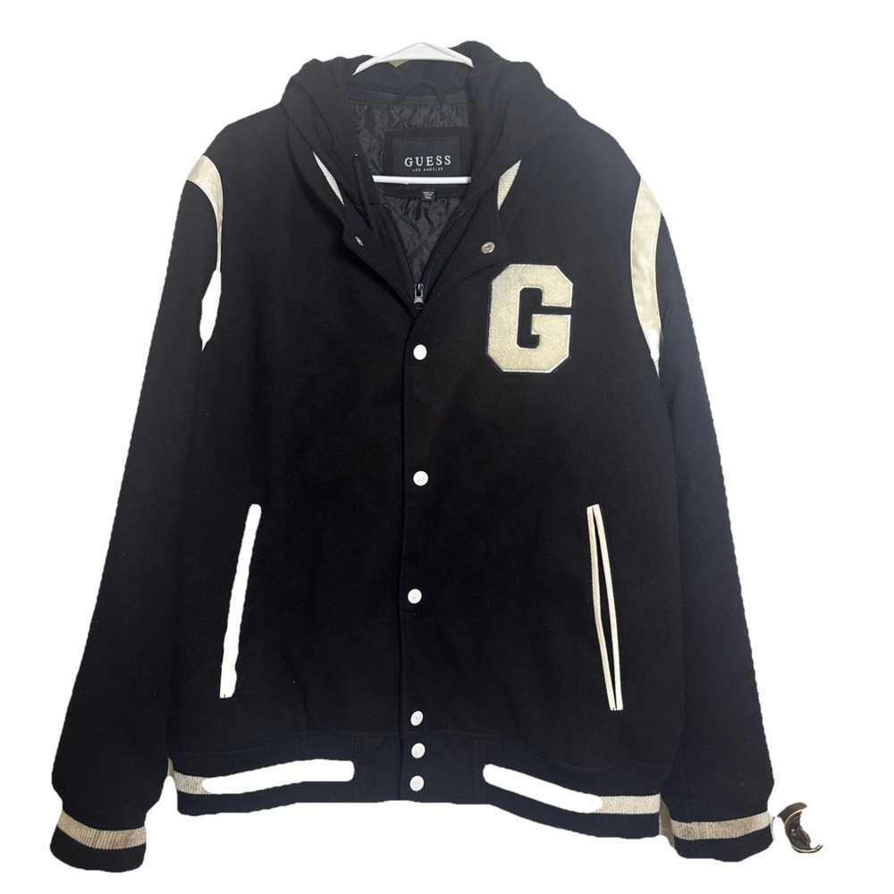 Guess Men's XXL Black Varsity Letterman Jacket Hoodie Insert Logo Back‎ Bomber